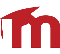 red letter M with a red mortarboard hanging off the top left hand corner
