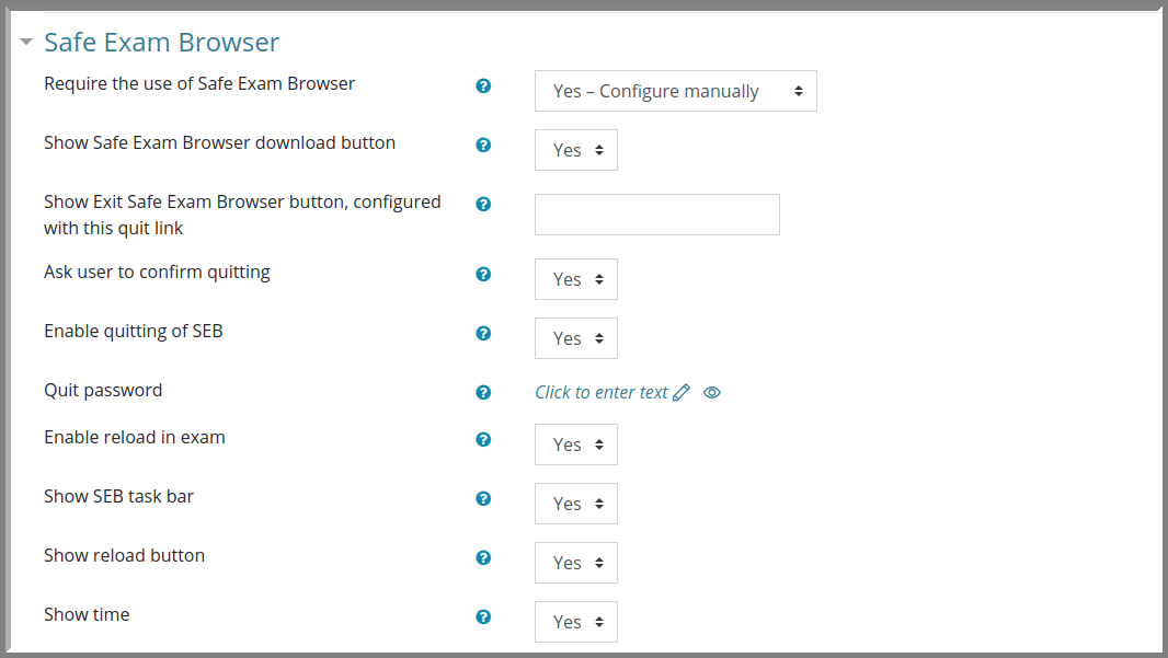 Screenshot showing the Safe Exam Browser feature in Moodle 3.9