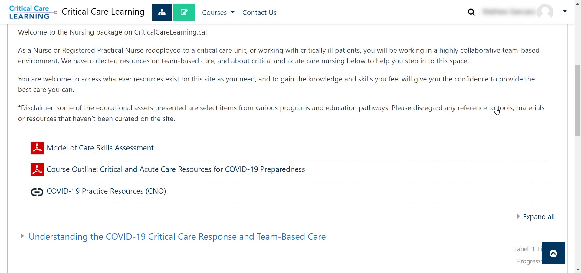Critical Care Learning Moodle